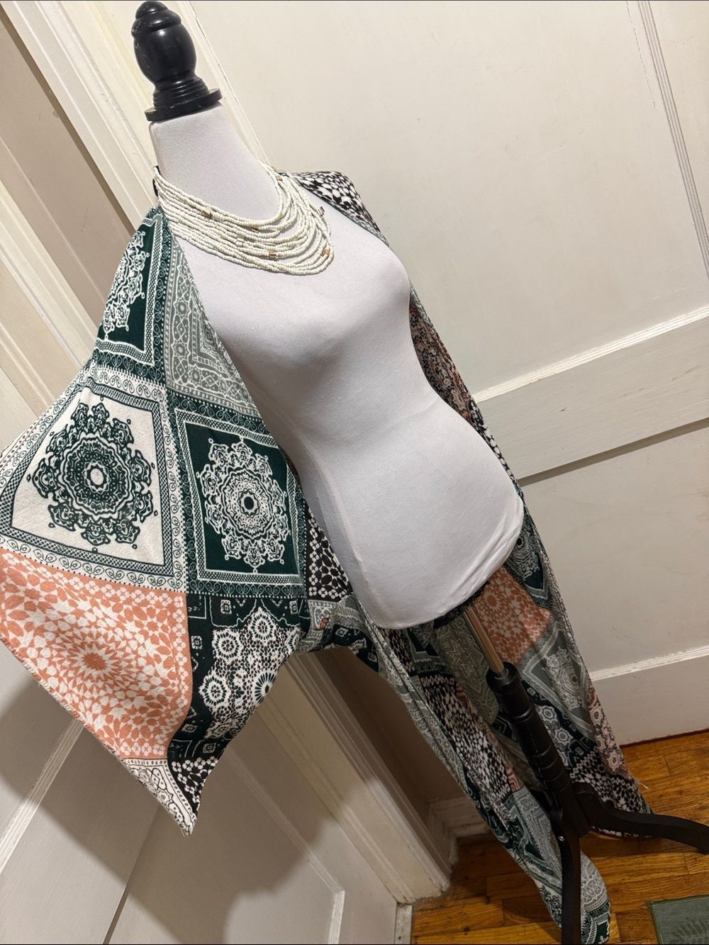 Patchwork Open-Front Kimono Shrug in Green and Peach